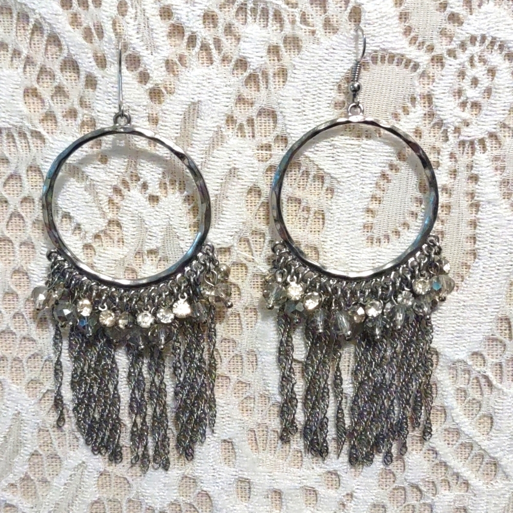 Anthropologie silver hoop Fringe and rhinestone earrings